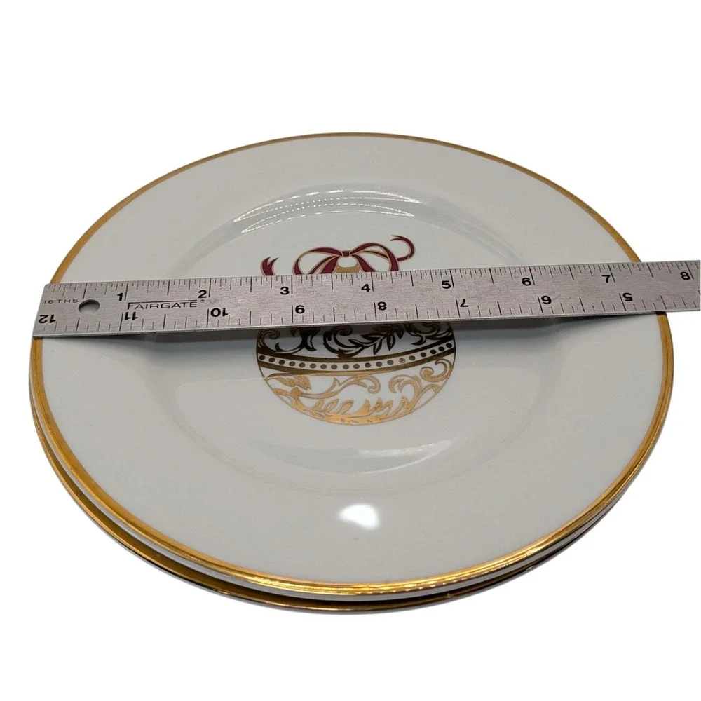 Pier One Christmas Dessert Plates Ornament Bow Gold Trim Vintage Set of Two